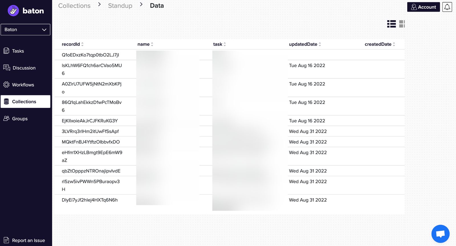 Baton collection data, with names blurred
