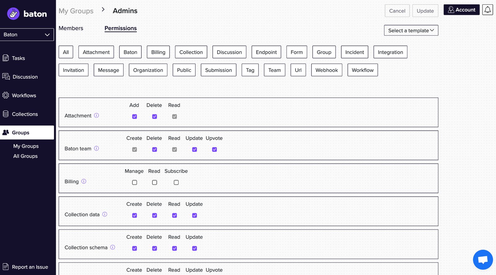 Baton group permissions matrix