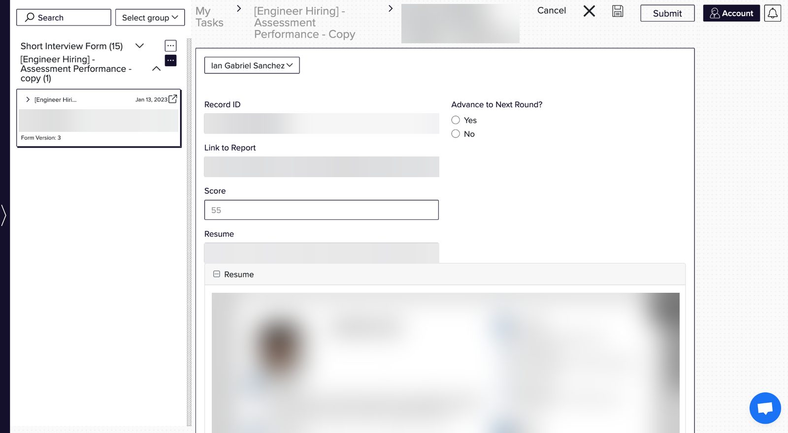 A task form with a file preview, blurred