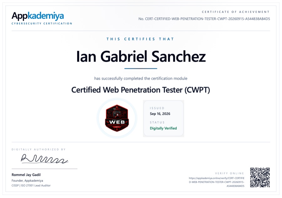 Appkademiya Certified Web Penetration Tester (CWPT) certificate issued to Ian Gabriel Sanchez on Sep 16, 2026